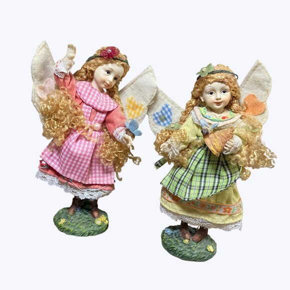 Decorative Angel Fairy Figurines Set With Gingham & Plaid Dresses Felt Wings - Picture 2 of 13